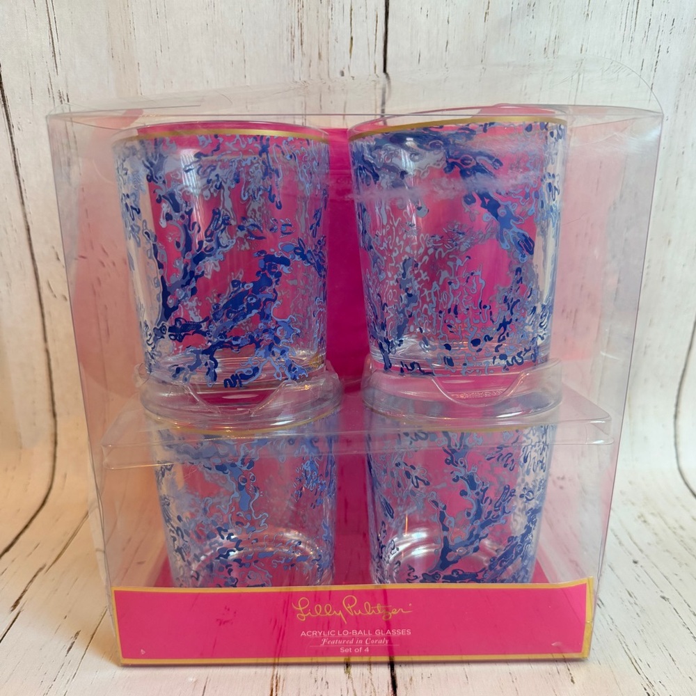Lilly Pulitzer Acrylic Lowball Glasses in Coraly -Set of 4 New in Box